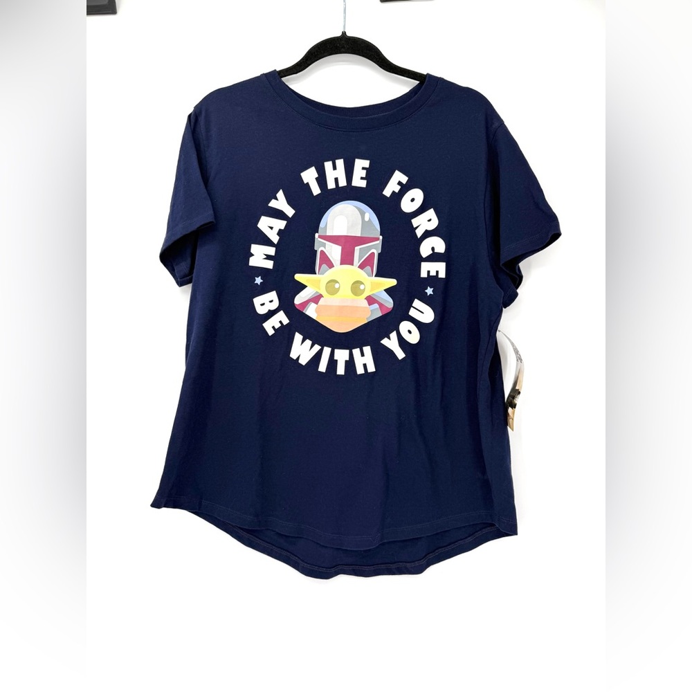 Star Wars Navy Short Sleeve Graphic Tee with Colorful Baby Yoda & Helmet Design